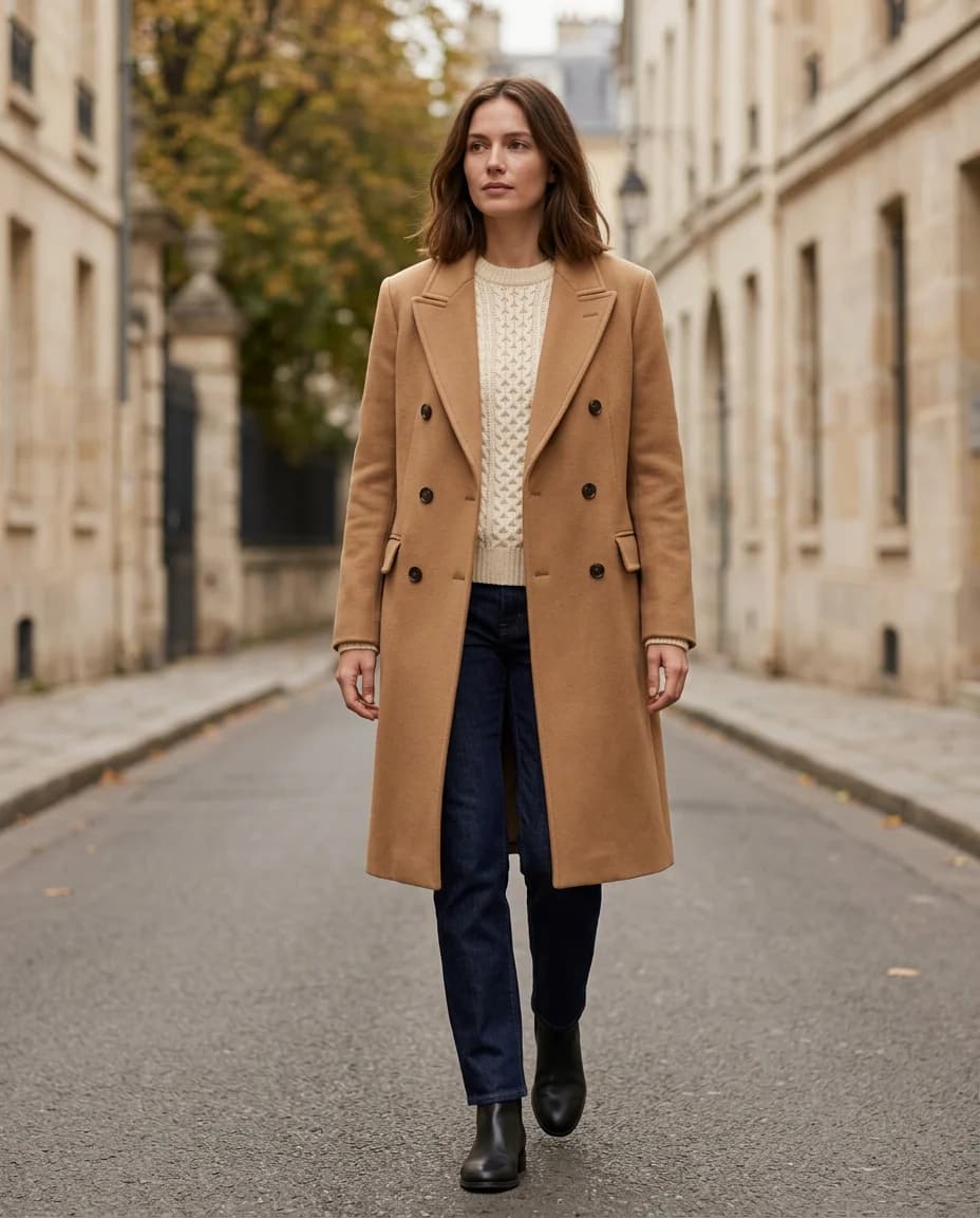 A woman walking down a stone street in a camel coat, cream cable knit and indigo jeans
