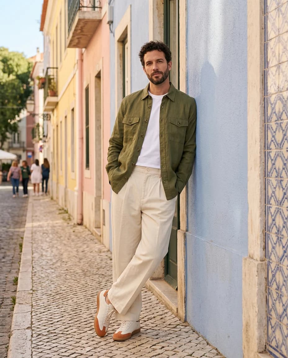 A man on a sunlit Lisbon street in an olive overshirt, white tee, ecru trousers and suede sneakers