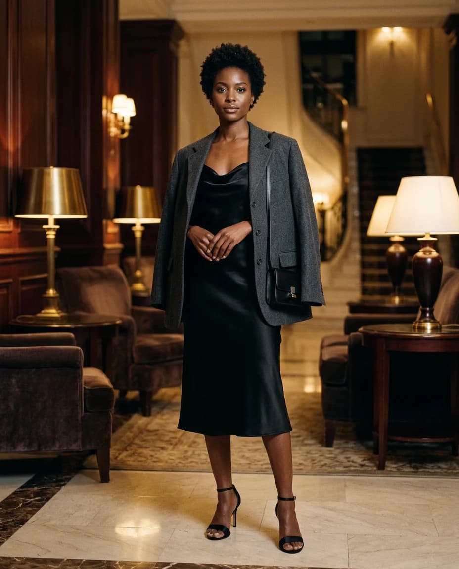 A woman in a hotel lobby at night in a black slip dress with a charcoal blazer and a small black bag