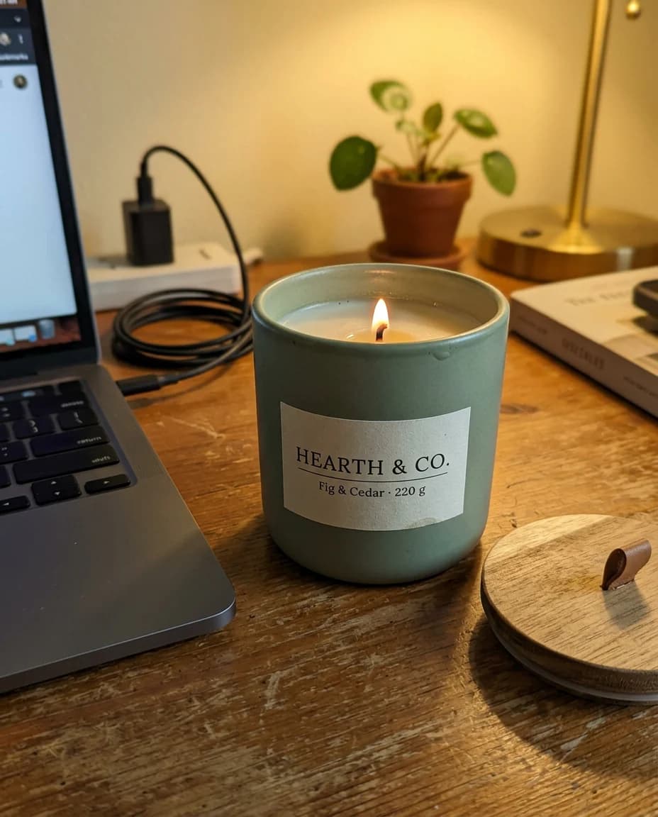 Phone photo of a sage green candle on a desk next to a laptop