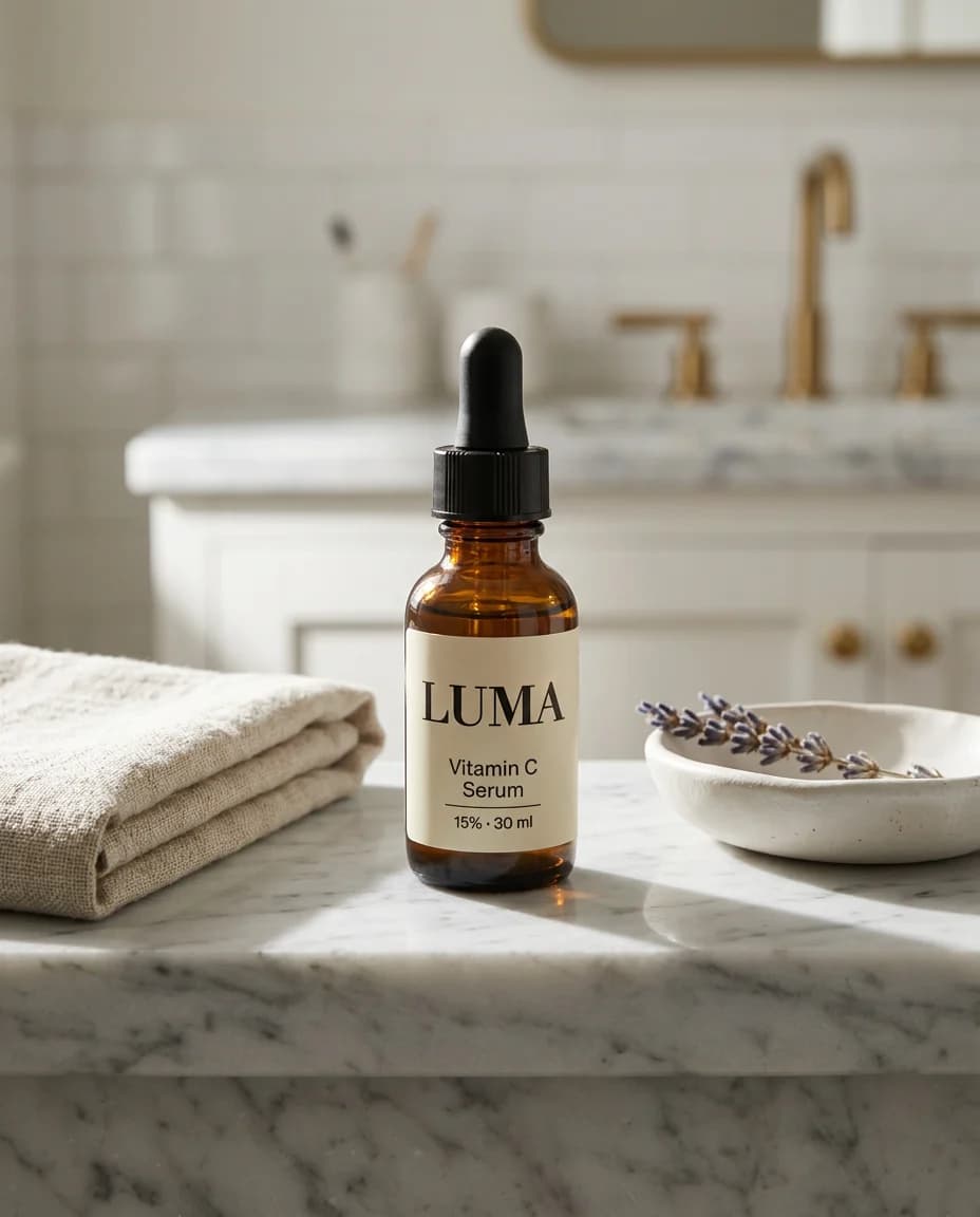 The serum on a marble bathroom shelf in morning light