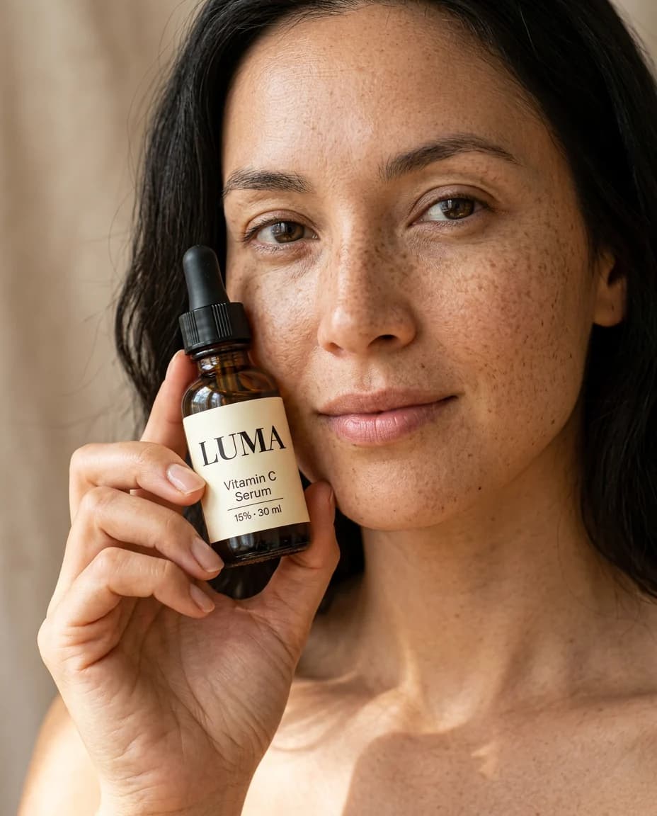 A woman holding the serum next to her cheek