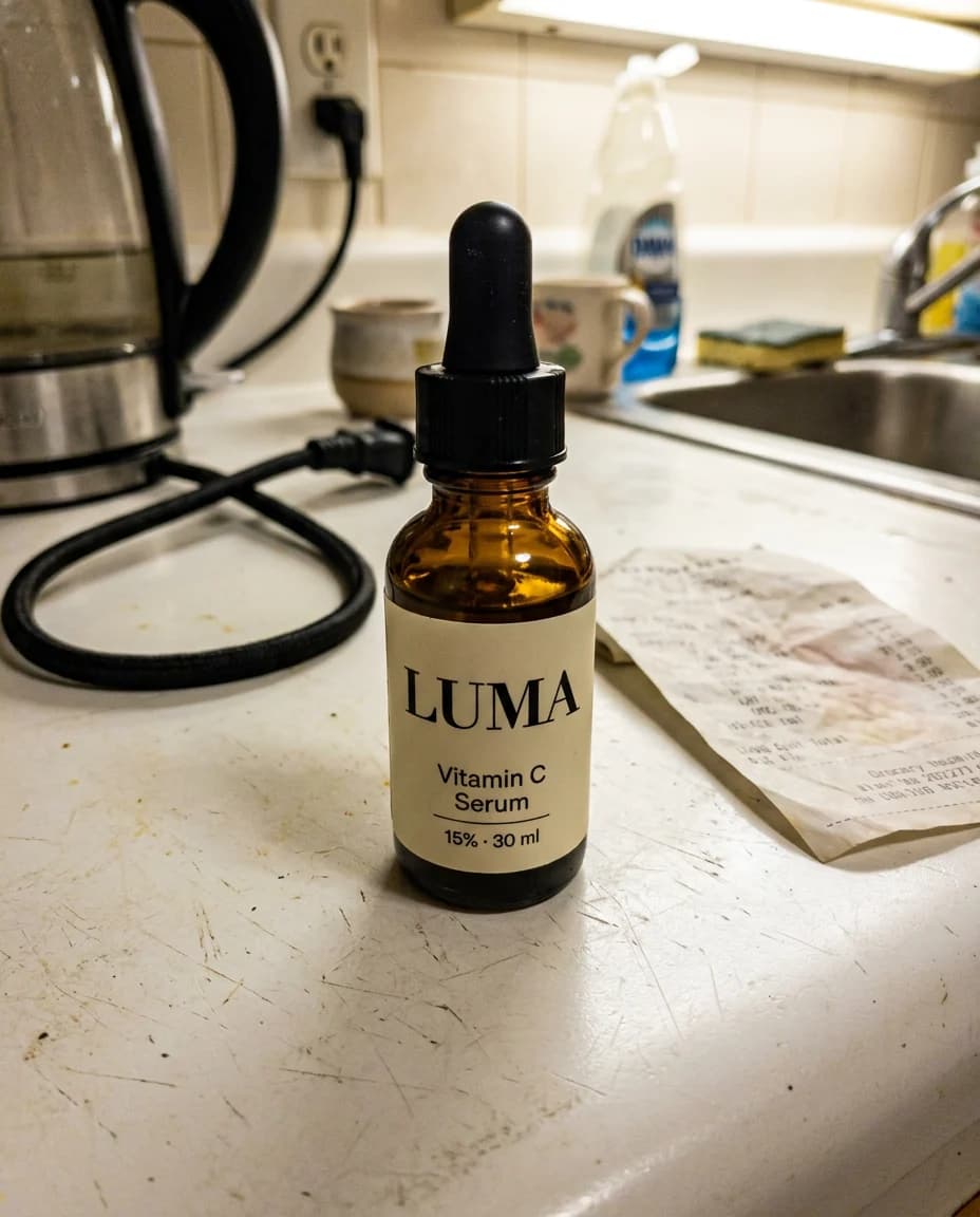 Serum bottle photographed on a kitchen counter