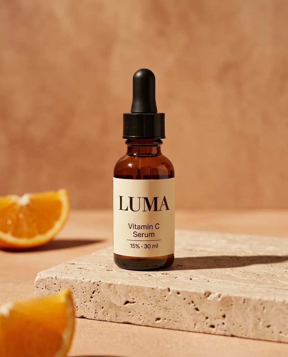 The same serum on a travertine plinth in warm sunlight