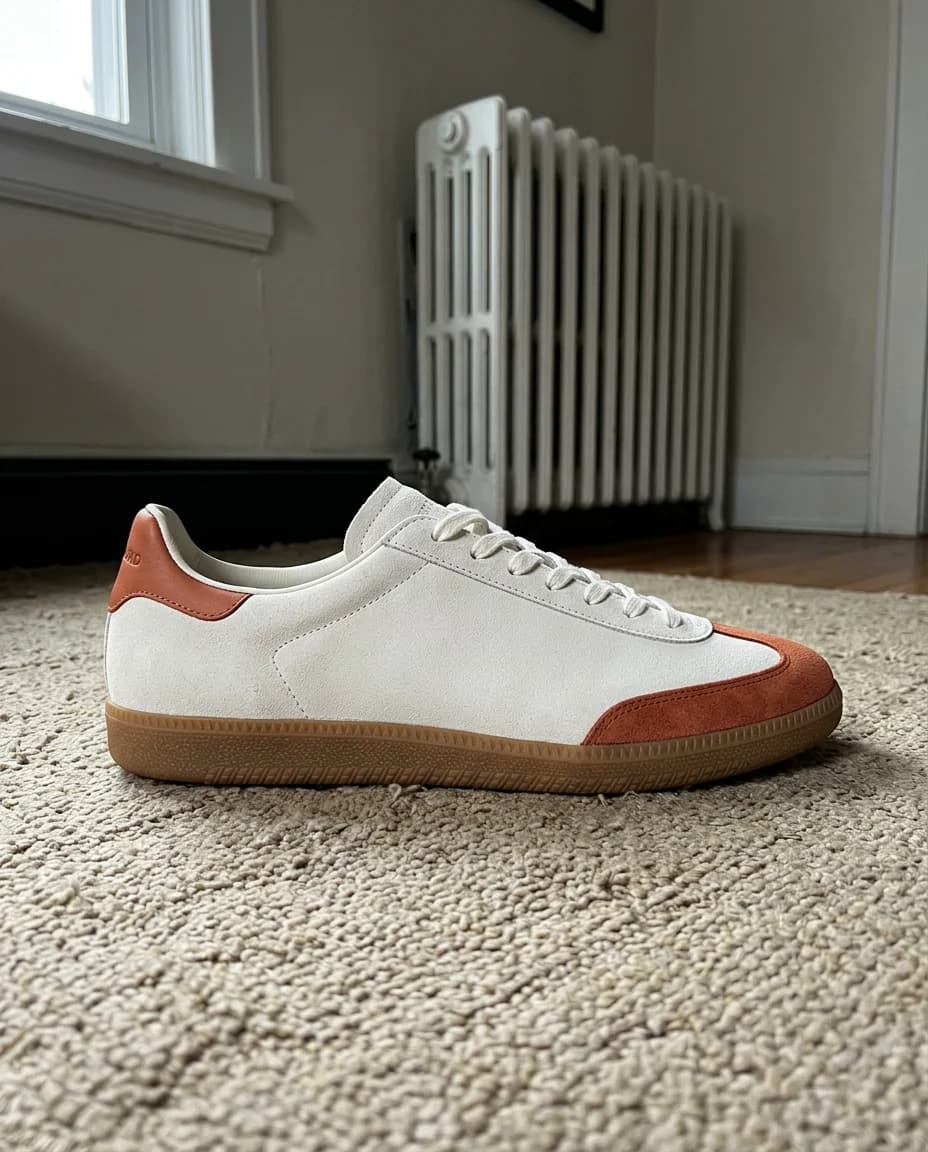 Sneaker photographed on a bedroom carpet